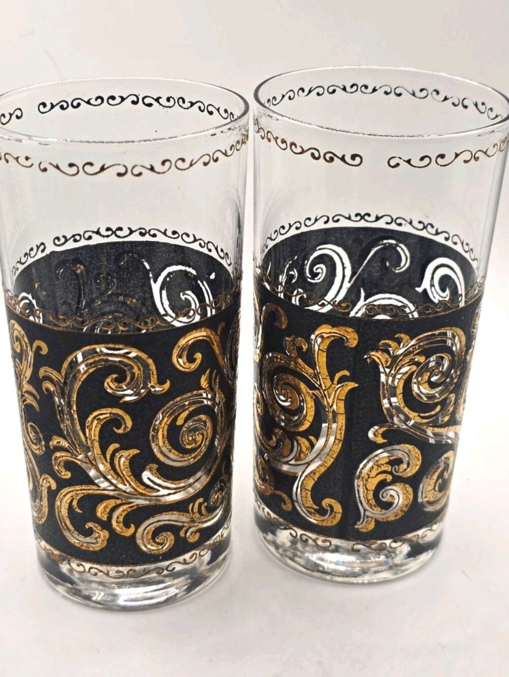 Pair Vintage MCM Black & 22K Gold Filigree Highball Tumbler Glasses
